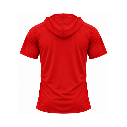 Nicholls short-sleeve lightweight t-shirt hoodie in red, plain back view — consistent square product framing