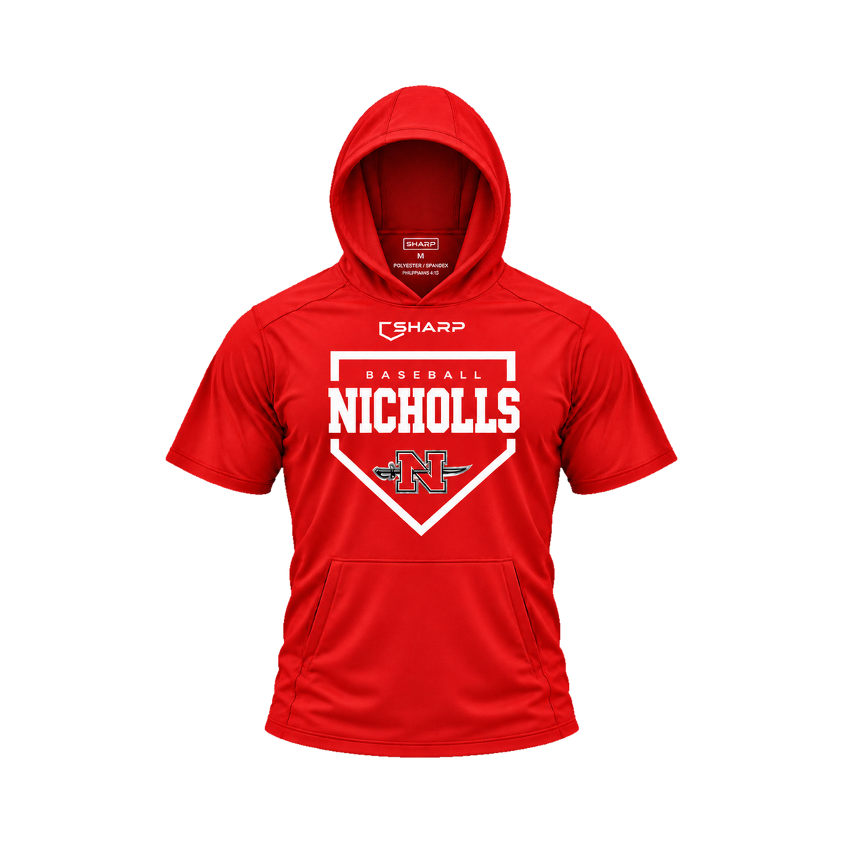 Nicholls Home Plate short-sleeve lightweight t-shirt hoodie in red, front view — fully open rounded hood, transparent front view