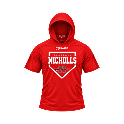 Nicholls Home Plate short-sleeve lightweight t-shirt hoodie in red, front view — fully open rounded hood, transparent front view