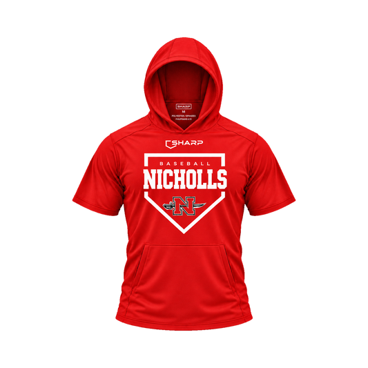 Nicholls Home Plate short-sleeve lightweight t-shirt hoodie in red, front view — fully open rounded hood, transparent front view