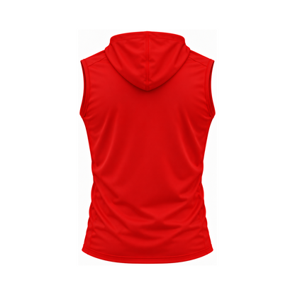Nicholls sleeveless lightweight t-shirt hoodie in red, plain back view — consistent square product framing