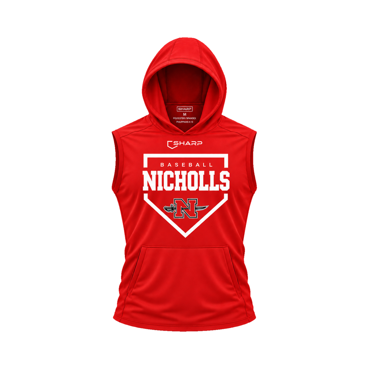 Nicholls Home Plate sleeveless lightweight t-shirt hoodie in red, front view — fully open rounded hood, transparent front view