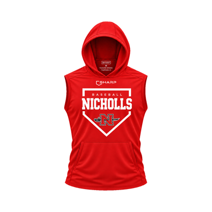 Nicholls Home Plate sleeveless lightweight t-shirt hoodie in red, front view — fully open rounded hood, transparent front view