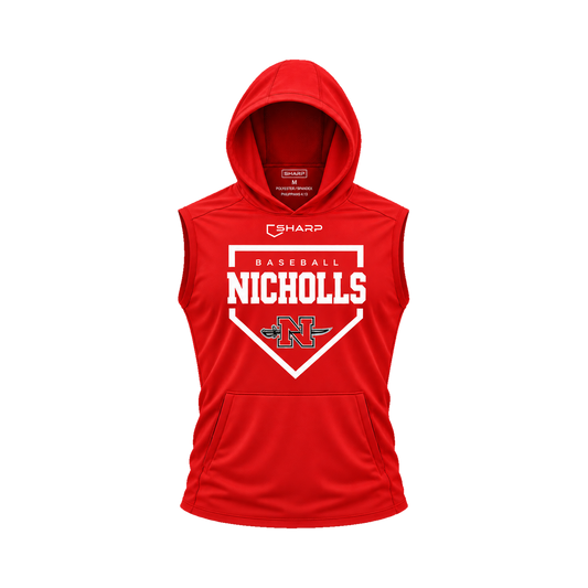 Nicholls Home Plate sleeveless lightweight t-shirt hoodie in red, front view — fully open rounded hood, transparent front view
