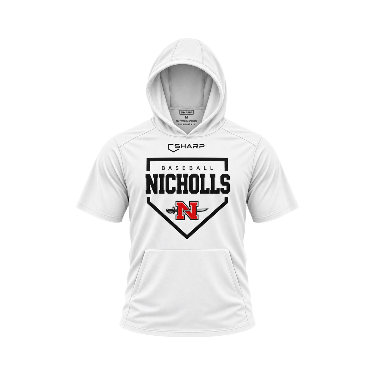 Nicholls Home Plate short-sleeve lightweight t-shirt hoodie in white, front view — fully open rounded hood, transparent front view