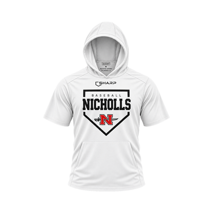 Nicholls Home Plate short-sleeve lightweight t-shirt hoodie in white, front view — fully open rounded hood, transparent front view