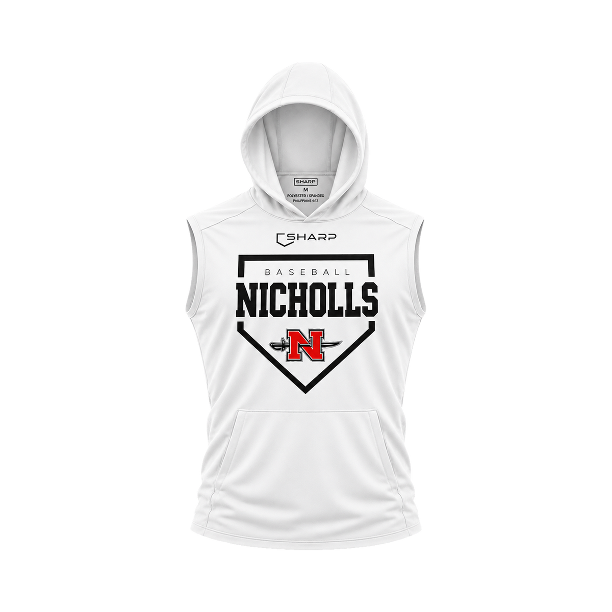 Nicholls Home Plate sleeveless lightweight t-shirt hoodie in white, front view — fully open rounded hood, transparent front view