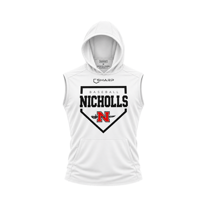 Nicholls Home Plate sleeveless lightweight t-shirt hoodie in white, front view — fully open rounded hood, transparent front view