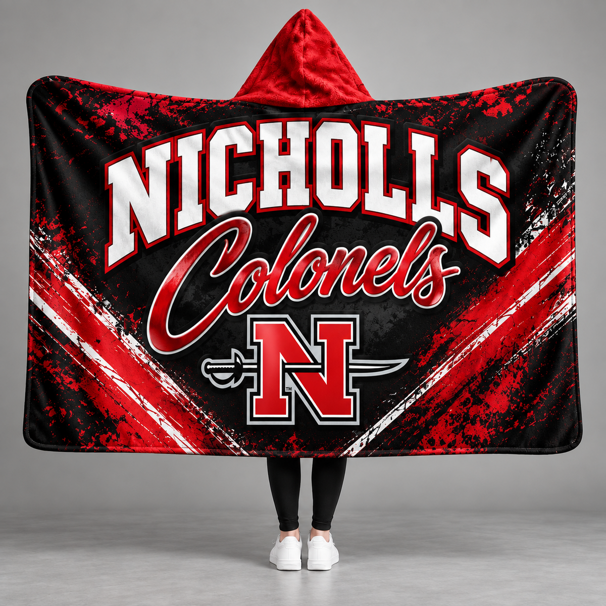 Nicholls Colonels hooded blanket in red black and white