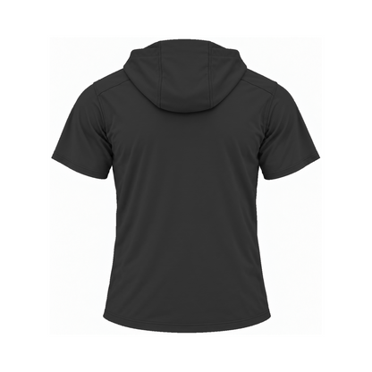Nicholls Bayou Bandits polycotton short-sleeve hoodie with zippered pouch, black, back view — consistent square product framing
