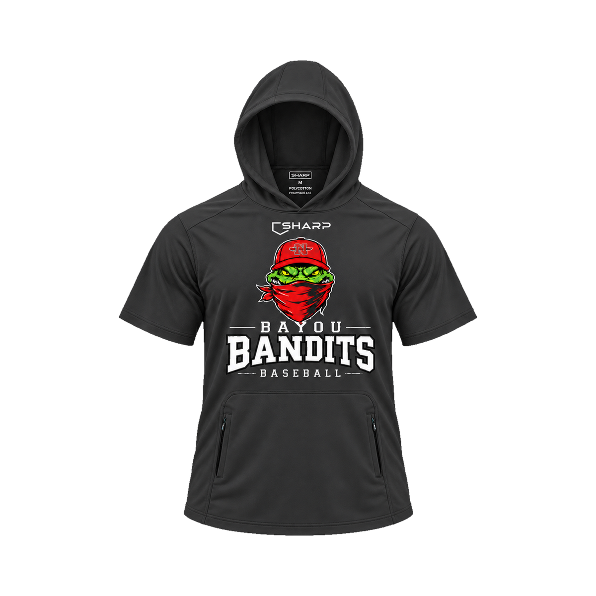 Nicholls Bayou Bandits polycotton short-sleeve hoodie with zippered pouch, black, front view — fully open rounded hood, transparent front view