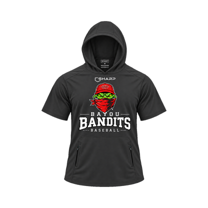 Nicholls Bayou Bandits polycotton short-sleeve hoodie with zippered pouch, black, front view — fully open rounded hood, transparent front view