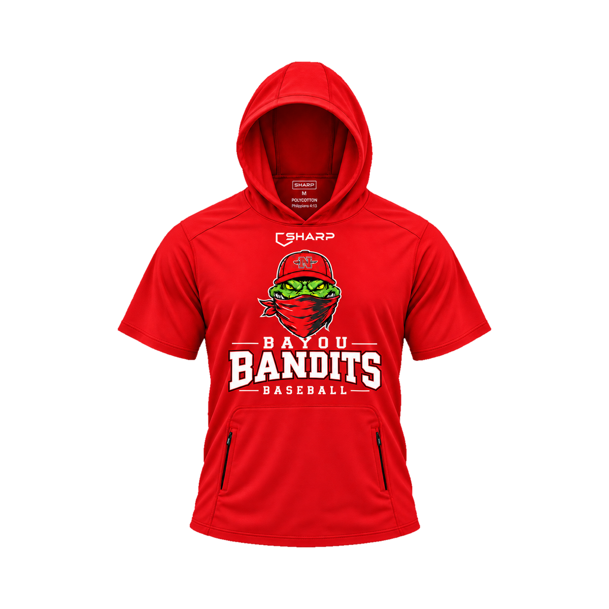 Nicholls Bayou Bandits polycotton short-sleeve hoodie with zippered pouch, red, front view — fully open rounded hood, transparent front view