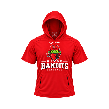 Nicholls Bayou Bandits polycotton short-sleeve hoodie with zippered pouch, red, front view — fully open rounded hood, transparent front view