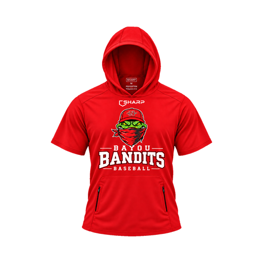 Nicholls Bayou Bandits polycotton short-sleeve hoodie with zippered pouch, red, front view — fully open rounded hood, transparent front view