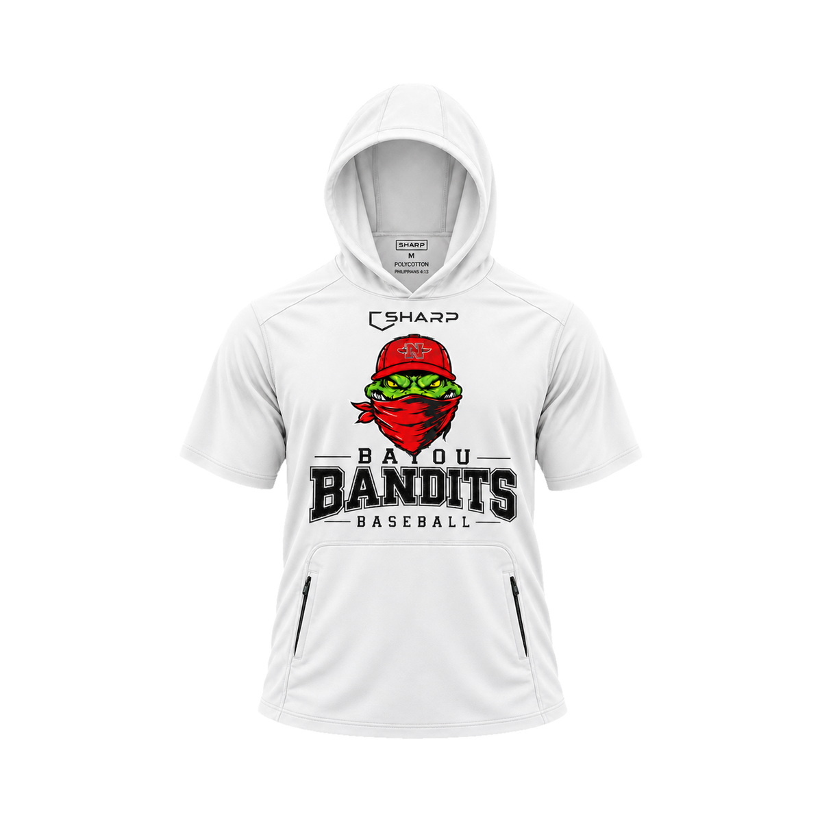 Nicholls Bayou Bandits polycotton short-sleeve hoodie with zippered pouch, white, front view — fully open rounded hood, transparent front view
