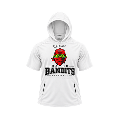 Nicholls Bayou Bandits polycotton short-sleeve hoodie with zippered pouch, white, front view — fully open rounded hood, transparent front view