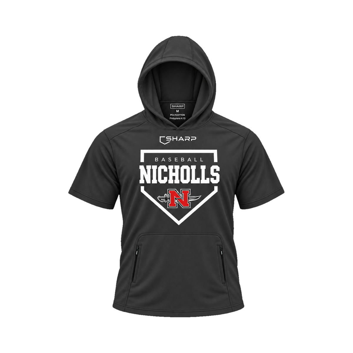 Nicholls Home Plate polycotton short-sleeve hoodie with zippered pouch, black, front view — fully open rounded hood, transparent front view