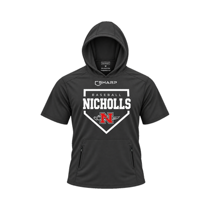 Nicholls Home Plate polycotton short-sleeve hoodie with zippered pouch, black, front view — fully open rounded hood, transparent front view