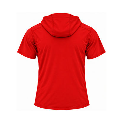 Nicholls Home Plate polycotton short-sleeve hoodie with zippered pouch, red, back view — consistent square product framing