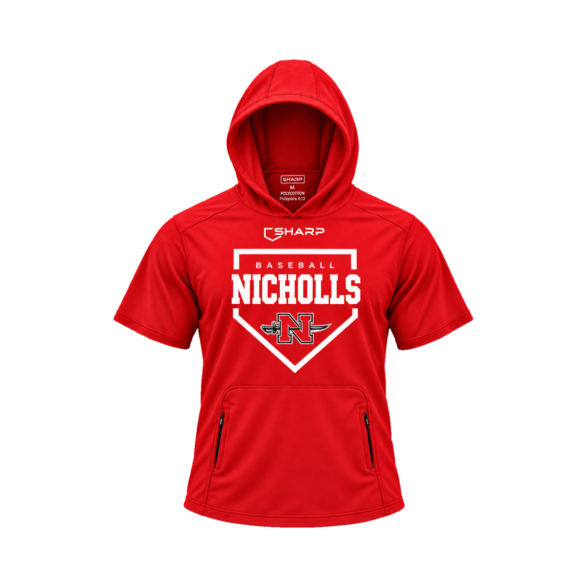 Nicholls Home Plate polycotton short-sleeve hoodie with zippered pouch, red, front view — fully open rounded hood, transparent front view