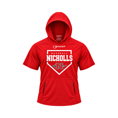 Nicholls Home Plate polycotton short-sleeve hoodie with zippered pouch, red, front view — fully open rounded hood, transparent front view