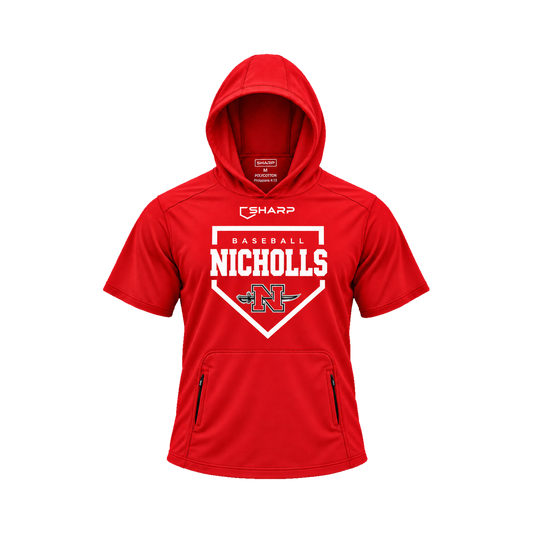 Nicholls Home Plate polycotton short-sleeve hoodie with zippered pouch, red, front view — fully open rounded hood, transparent front view