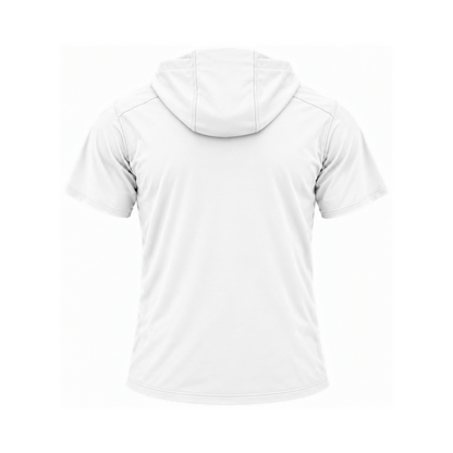 Nicholls Home Plate polycotton short-sleeve hoodie with zippered pouch, white, back view — consistent square product framing