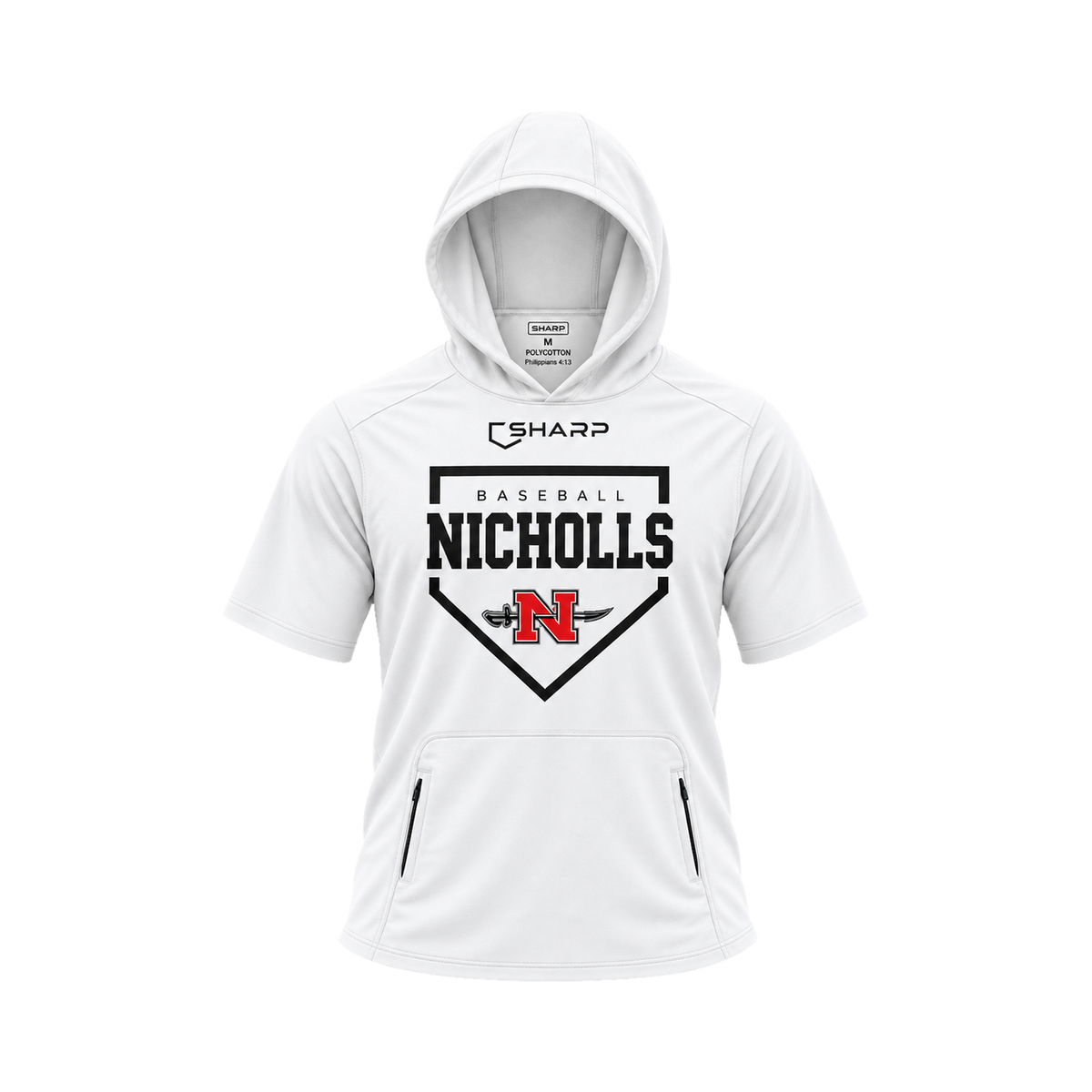 Nicholls Home Plate polycotton short-sleeve hoodie with zippered pouch, white, front view — fully open rounded hood, transparent front view