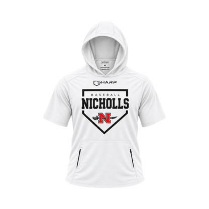 Nicholls Home Plate polycotton short-sleeve hoodie with zippered pouch, white, front view — fully open rounded hood, transparent front view