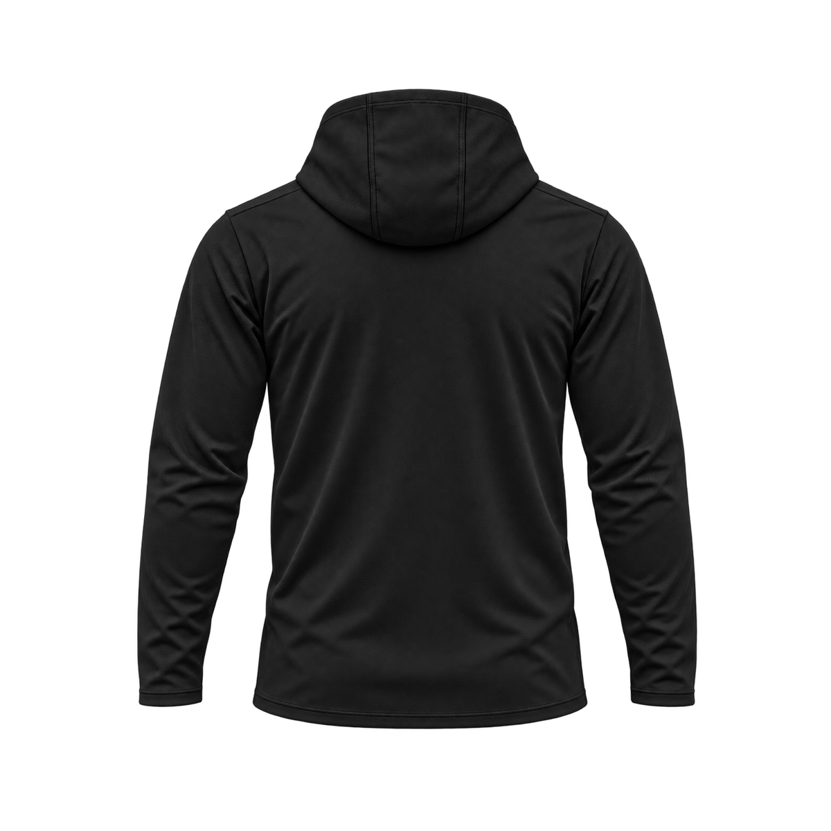 Nicholls Premium Crest long-sleeve hooded performance shirt, black, back view, transparent square