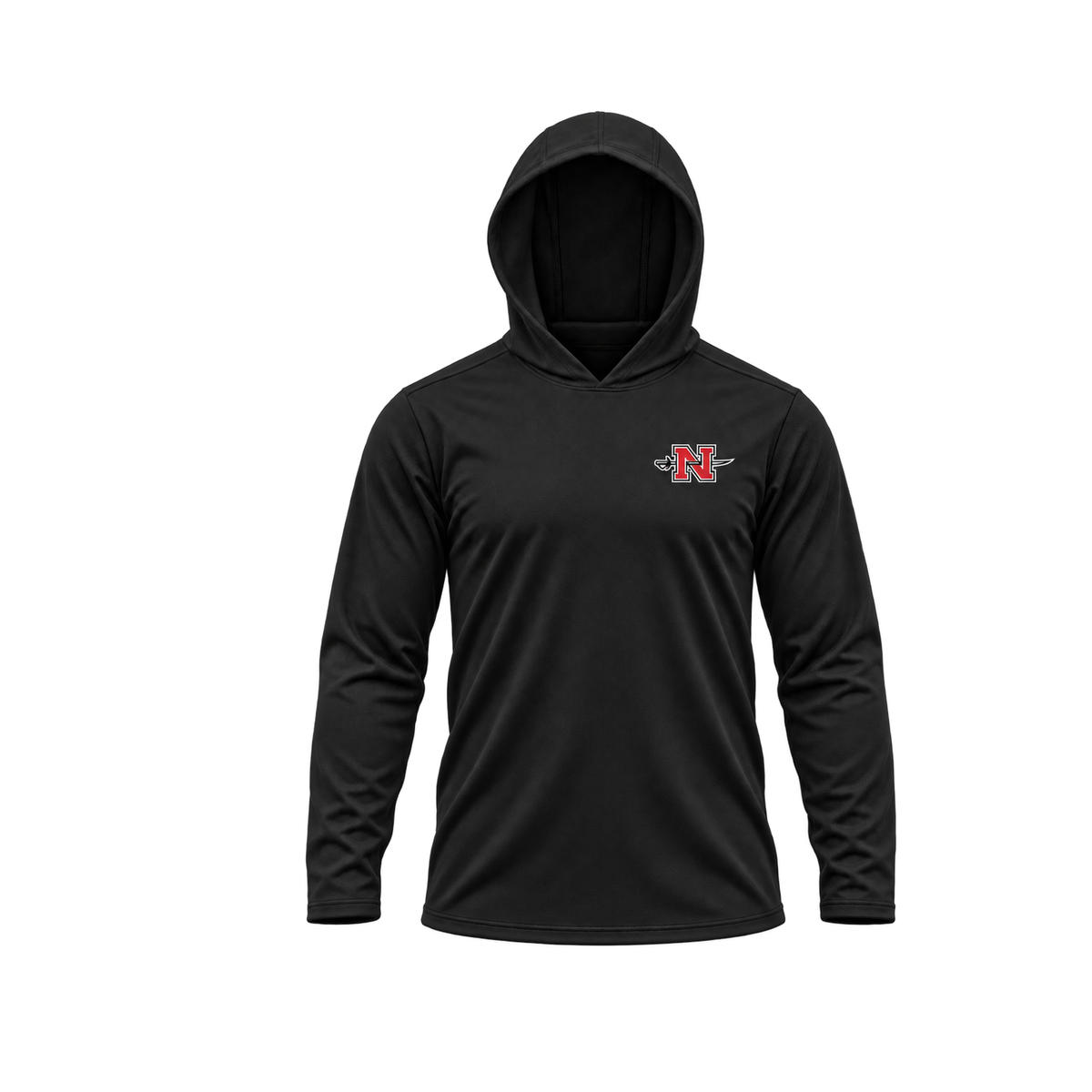 Nicholls Premium Crest long-sleeve hooded performance shirt, black, hood-up view, transparent square