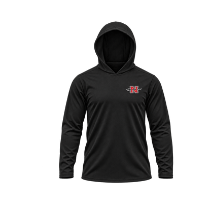 Nicholls Premium Crest long-sleeve hooded performance shirt, black, hood-up view, transparent square