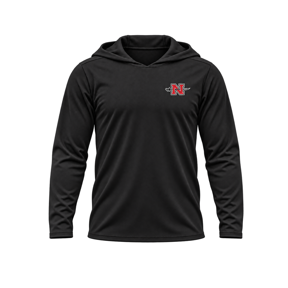 Nicholls Premium Crest long-sleeve hooded performance shirt, black, relaxed view, transparent square