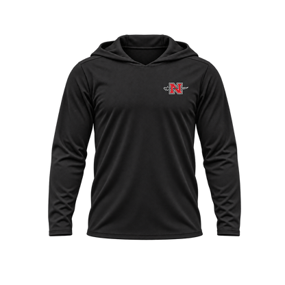 Nicholls Premium Crest long-sleeve hooded performance shirt, black, relaxed view, transparent square