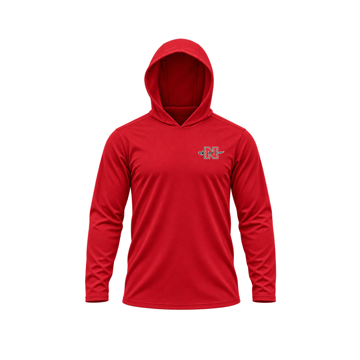 Nicholls Premium Crest long-sleeve hooded performance shirt, red, hood-up view, transparent square