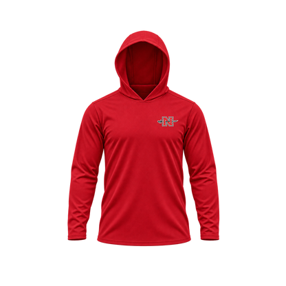 Nicholls Premium Crest long-sleeve hooded performance shirt, red, hood-up view, transparent square