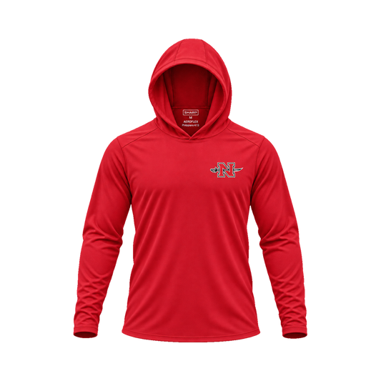 Nicholls Premium Crest long-sleeve hooded performance shirt, red, hood-up view, transparent square — fully open rounded hood, transparent front view