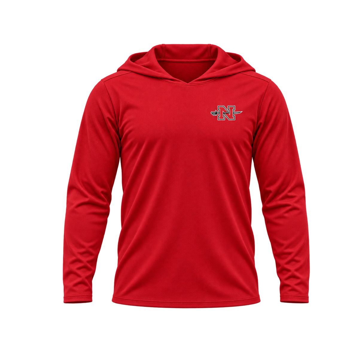 Nicholls Premium Crest long-sleeve hooded performance shirt, red, relaxed view, transparent square