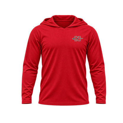 Nicholls Premium Crest long-sleeve hooded performance shirt, red, relaxed view, transparent square