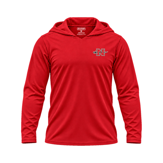 Nicholls Crest red hooded shirt with SHARP M Aeroflex Philippians 4:13 inside neck label; transparent square with consistent margins — consistent square product framing