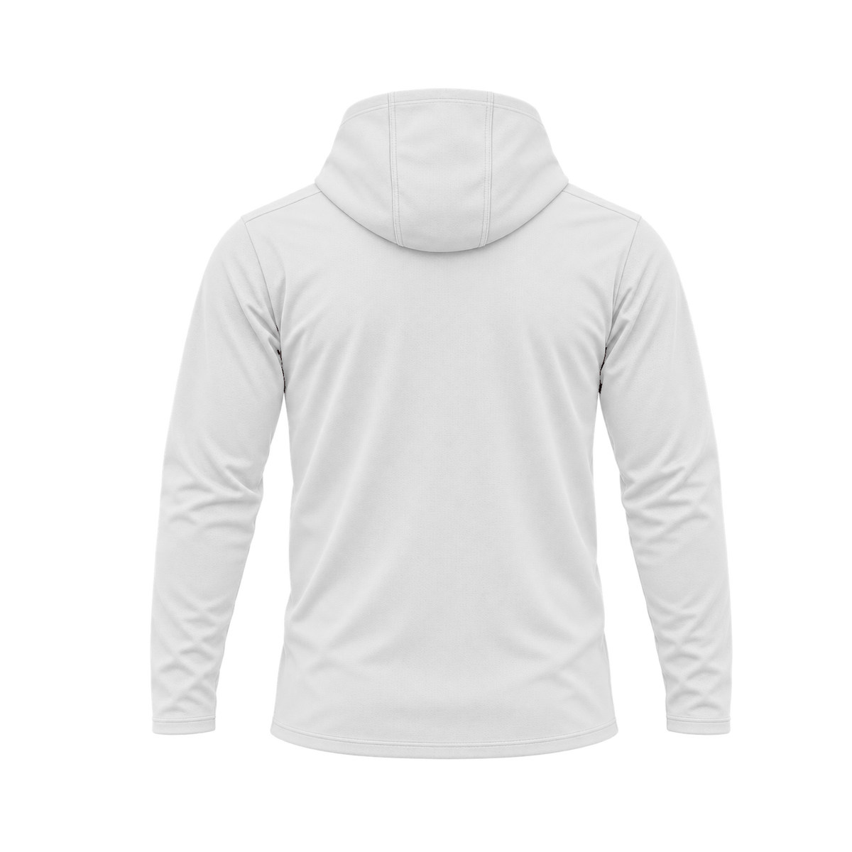 Nicholls Premium Crest long-sleeve hooded performance shirt, white, back view, transparent square