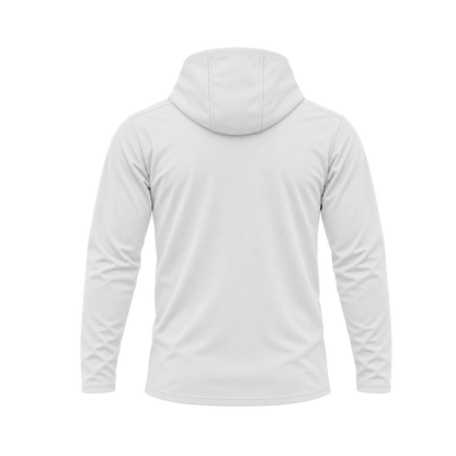 Nicholls Premium Crest long-sleeve hooded performance shirt, white, back view, transparent square
