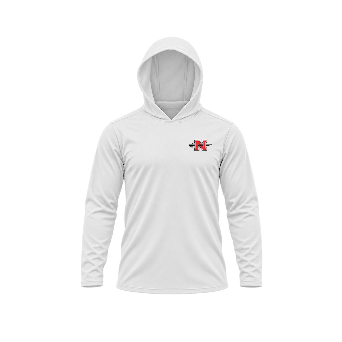 Nicholls Premium Crest long-sleeve hooded performance shirt, white, hood-up view, transparent square