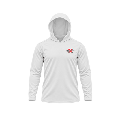 Nicholls Premium Crest long-sleeve hooded performance shirt, white, hood-up view, transparent square