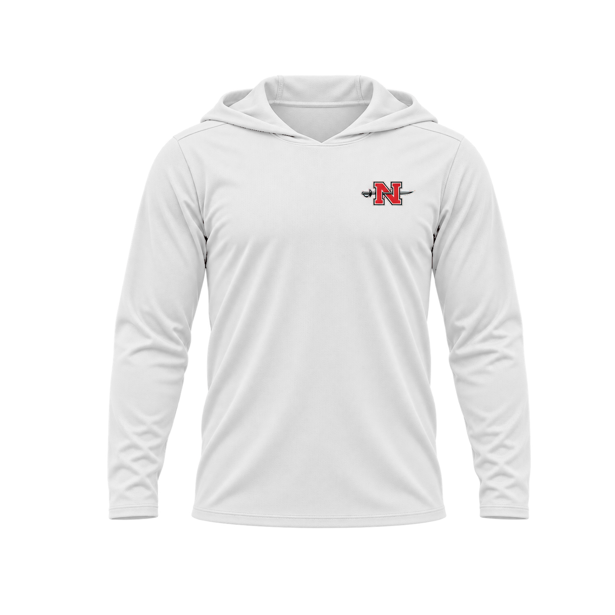 Nicholls Premium Crest long-sleeve hooded performance shirt, white, relaxed view, transparent square