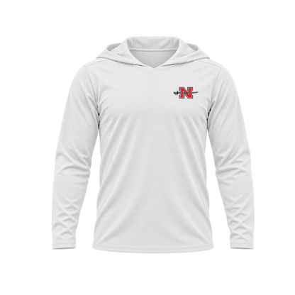 Nicholls Premium Crest long-sleeve hooded performance shirt, white, relaxed view, transparent square