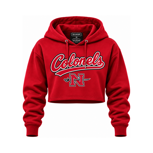 Nicholls women's Colonels crop hoodie in red — consistent square product framing