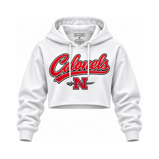 Nicholls women's Colonels crop hoodie in white — consistent square product framing
