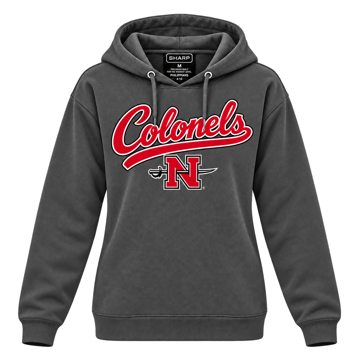 Women's Nicholls Colonels full-length hoodie in charcoal — straight-sleeve front view
